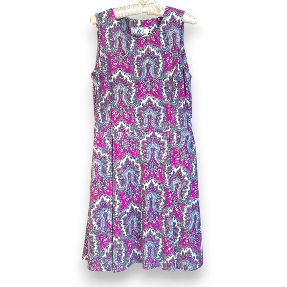 BO&NIC Women's Size XL A-Line Pleated Dress Pink Grey Abstract Print Sleeveless